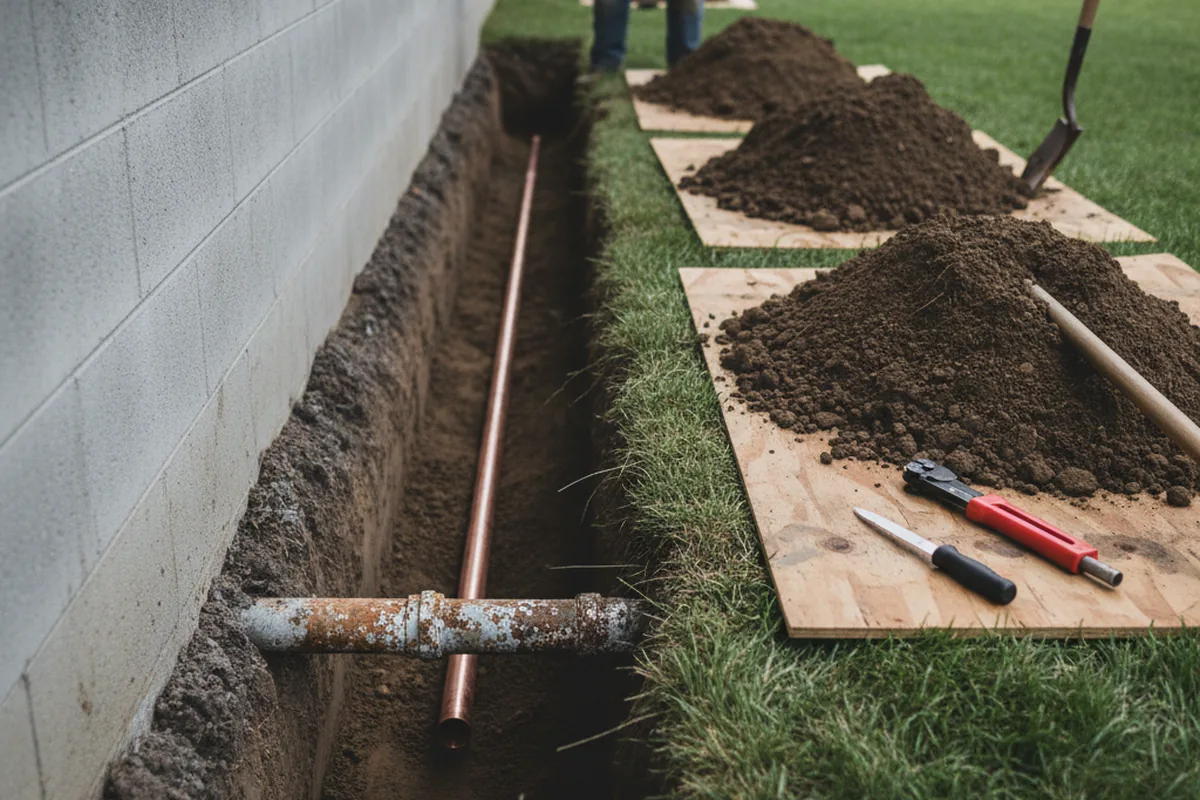 Excavated water line trench during Sewer Line Repair in Nyack